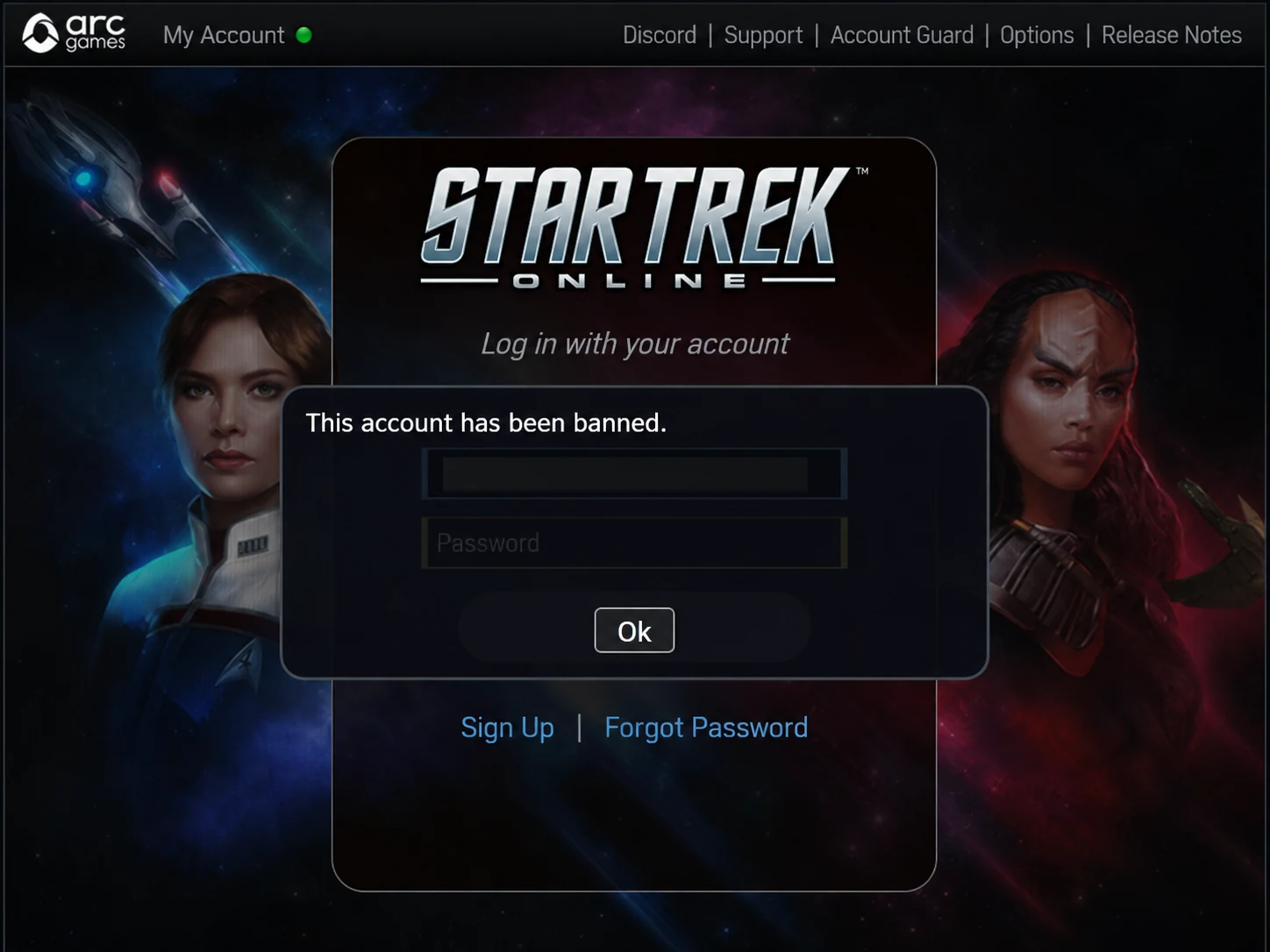 Star Trek Online launcher displaying the message: This account has been banned.